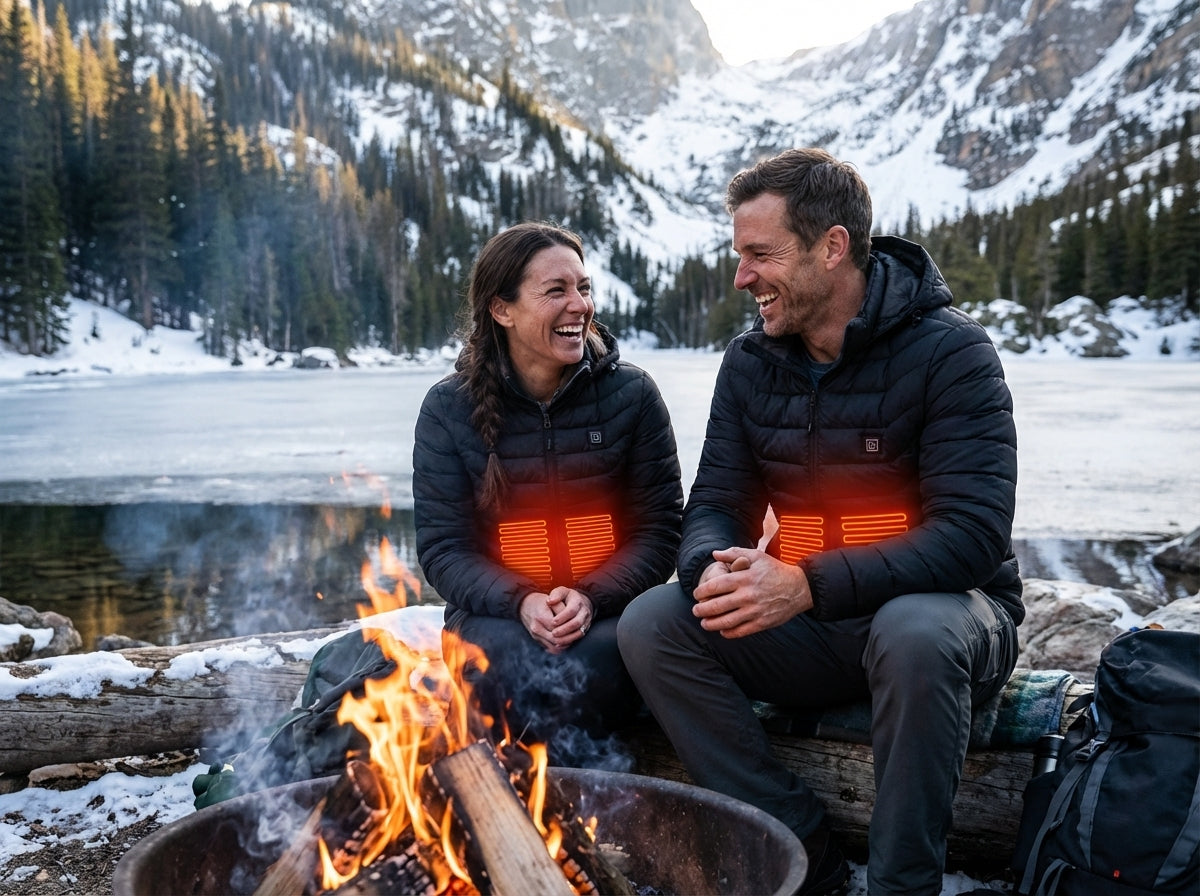 Two people sitting by a campfire with a snowy mountain landscape in the background